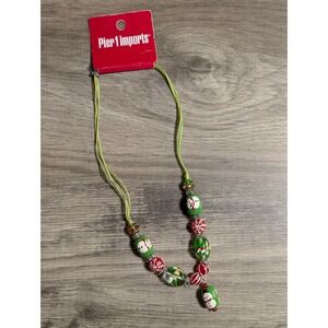 Pier 1 Imports Christmas Snowman Glass Bead Cord Necklace Green Red NWT